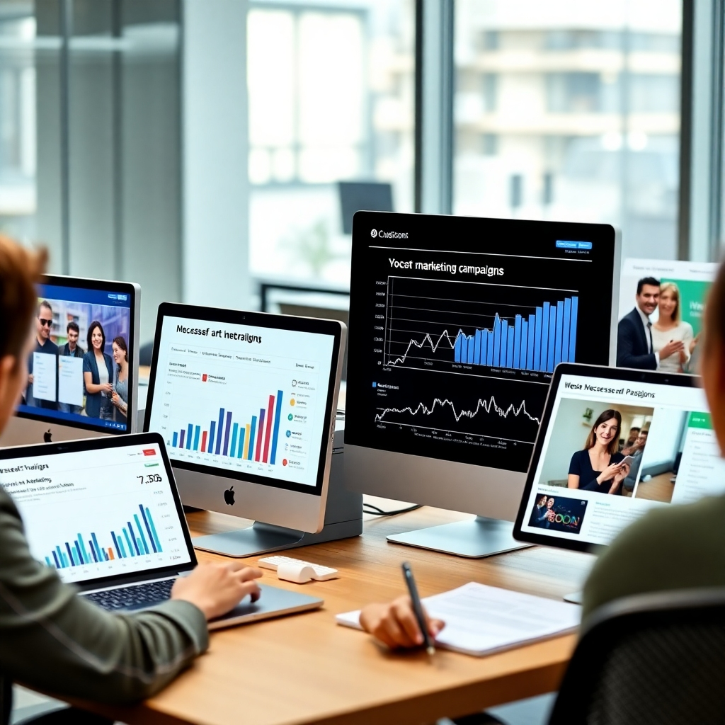A photorealistic image depicting various digital devices showcasing successful marketing campaigns, website analytics, and positive customer interactions. Bright lighting, modern office setting.  Focus on successful campaigns and engagement. Resolution: 4K
