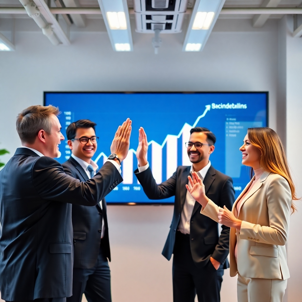 Photorealistic image: A team of business professionals smiling and high-fiving in front of a large screen displaying upward trending graphs.  Bright lighting, professional attire, modern office setting. Emphasize teamwork, success and growth.  Resolution: 4K. Style reference: Modern corporate photography