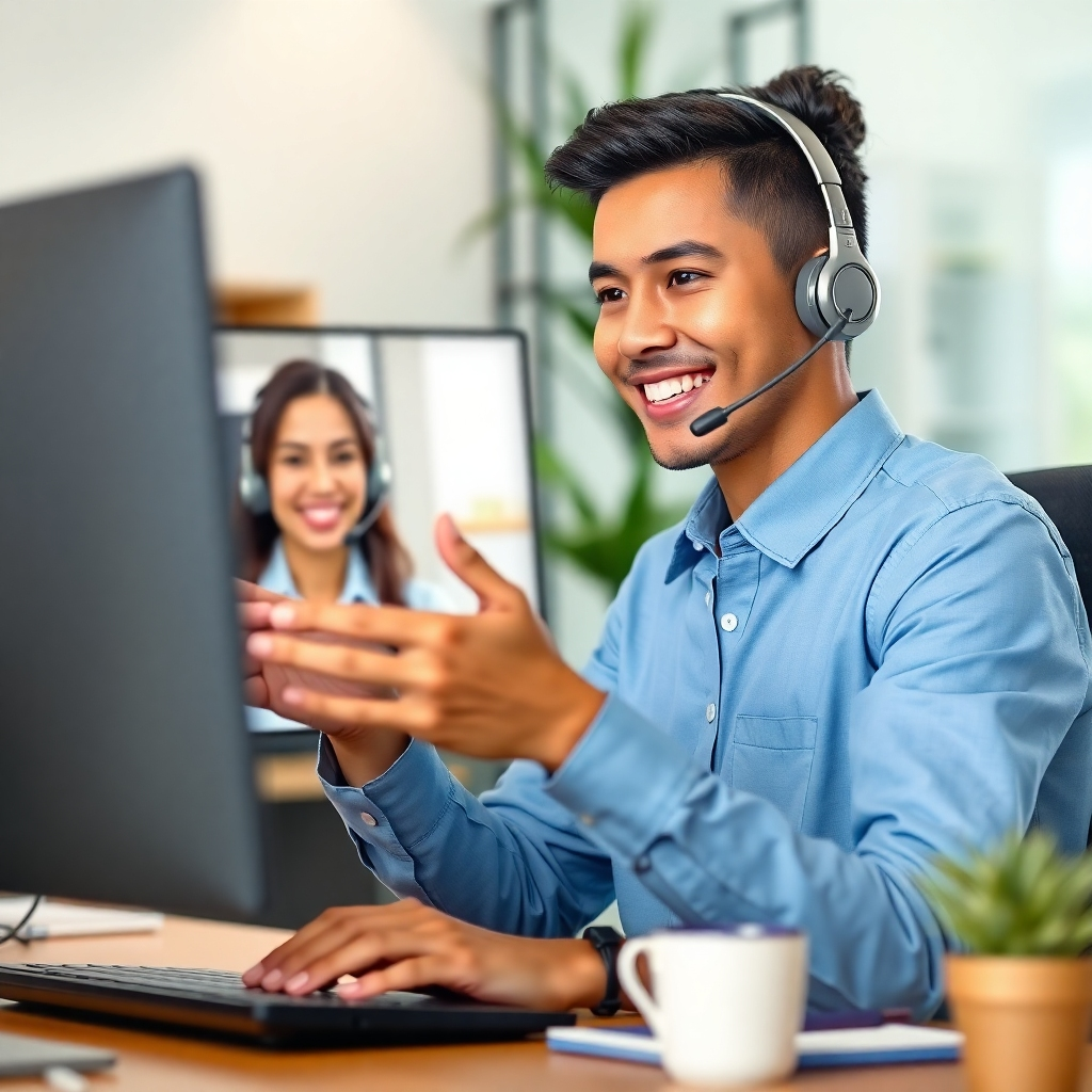 Photorealistic image: Friendly customer service representative interacting remotely with a customer via video conferencing.  Resolution: 4K. Style reference: Corporate communication photography
