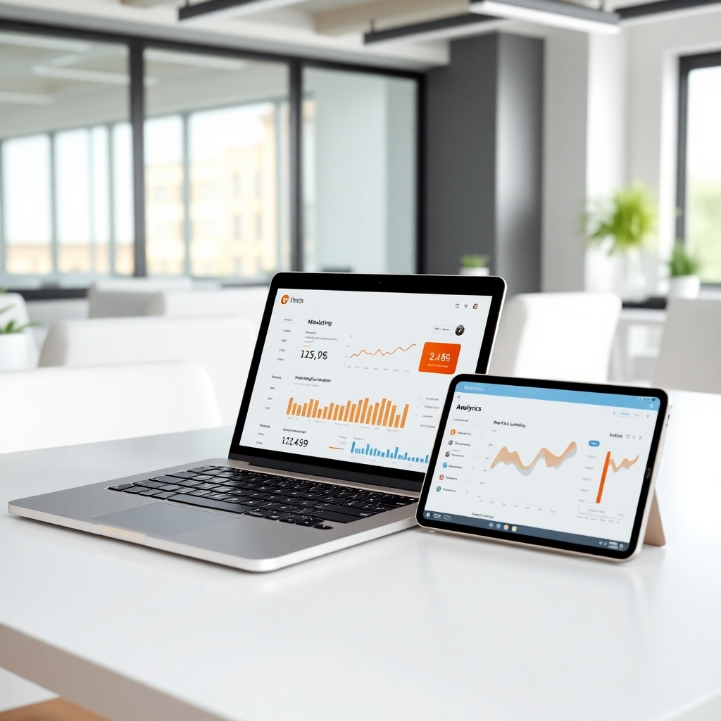 Photorealistic image: Various digital devices (laptop, smartphone, tablet) displaying successful marketing campaigns and analytics dashboards.  Bright, clean office setting. Resolution: 4K. Style reference: Tech product photography